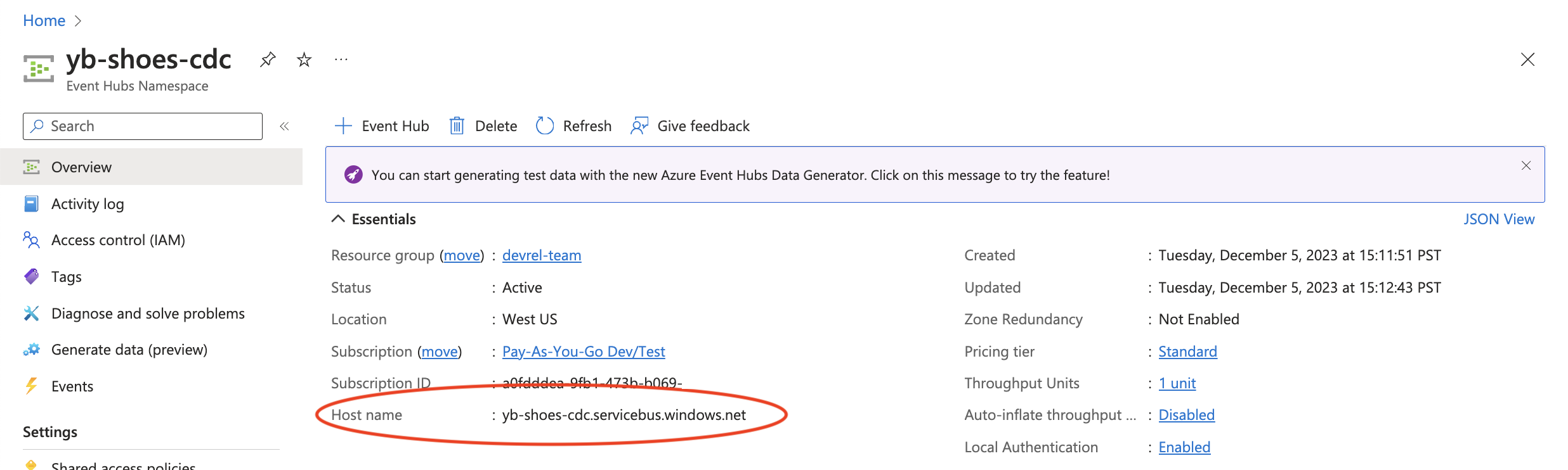 Locate domain name for Event Hubs Namespace Locate domain name for Event Hubs Namespace